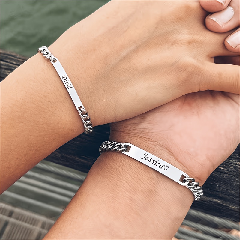 Custom Stainless Steel Cuban Couple Bracelet, Personalized Gift